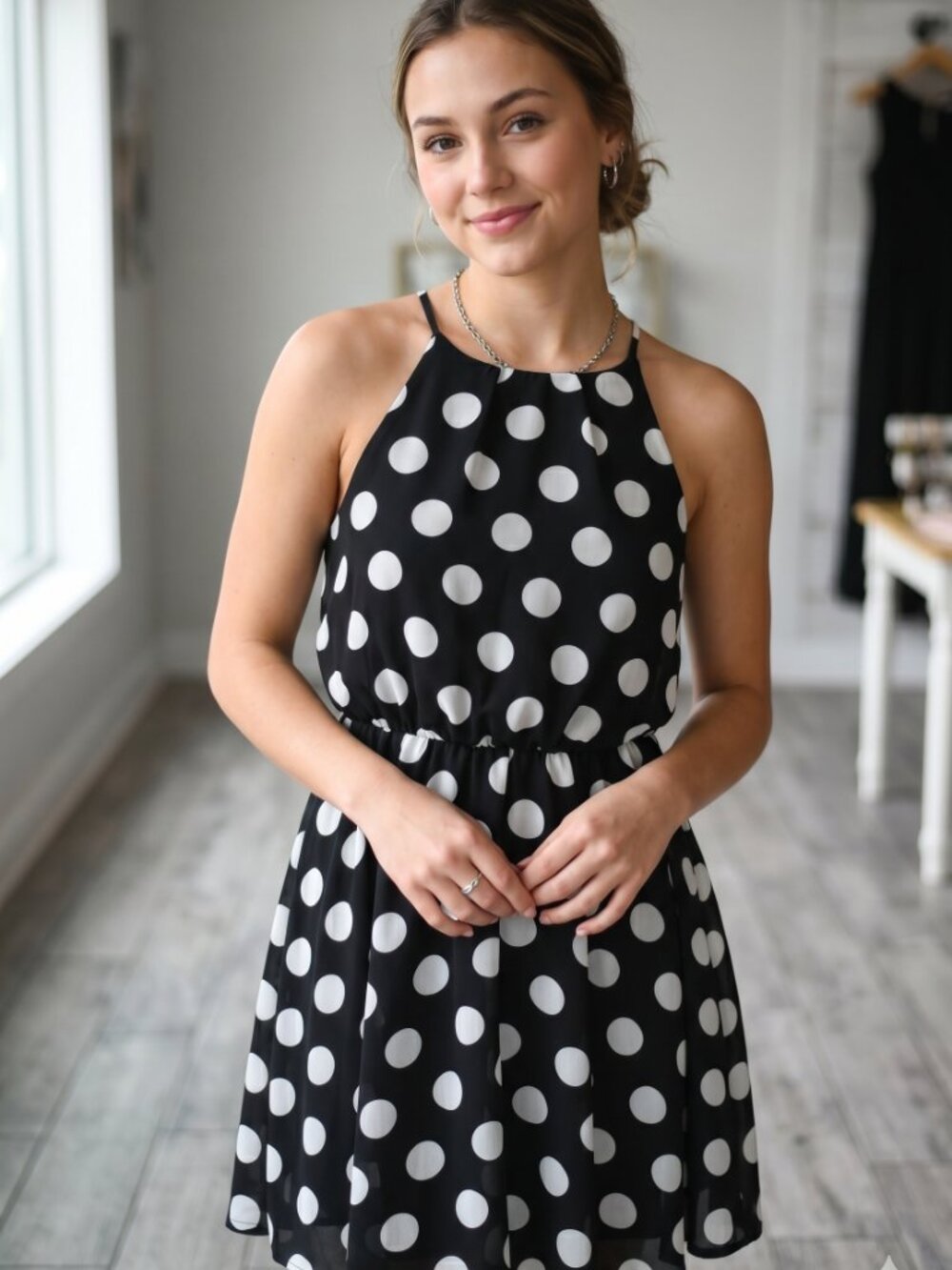 Francesca’s Mi Ami Women's Black and White Polka Dot Halter Dress Size S NWT